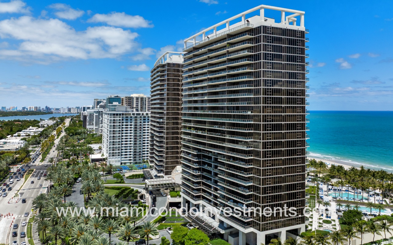 St. Regis Bal Harbour South drone facing front angle of condo building