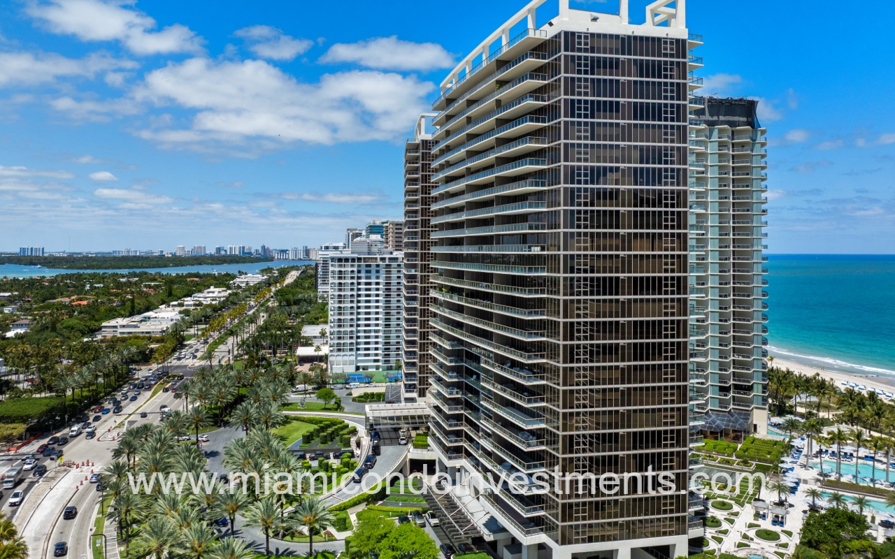 St. Regis Bal Harbour South drone slight angle of condo building and northward facing view