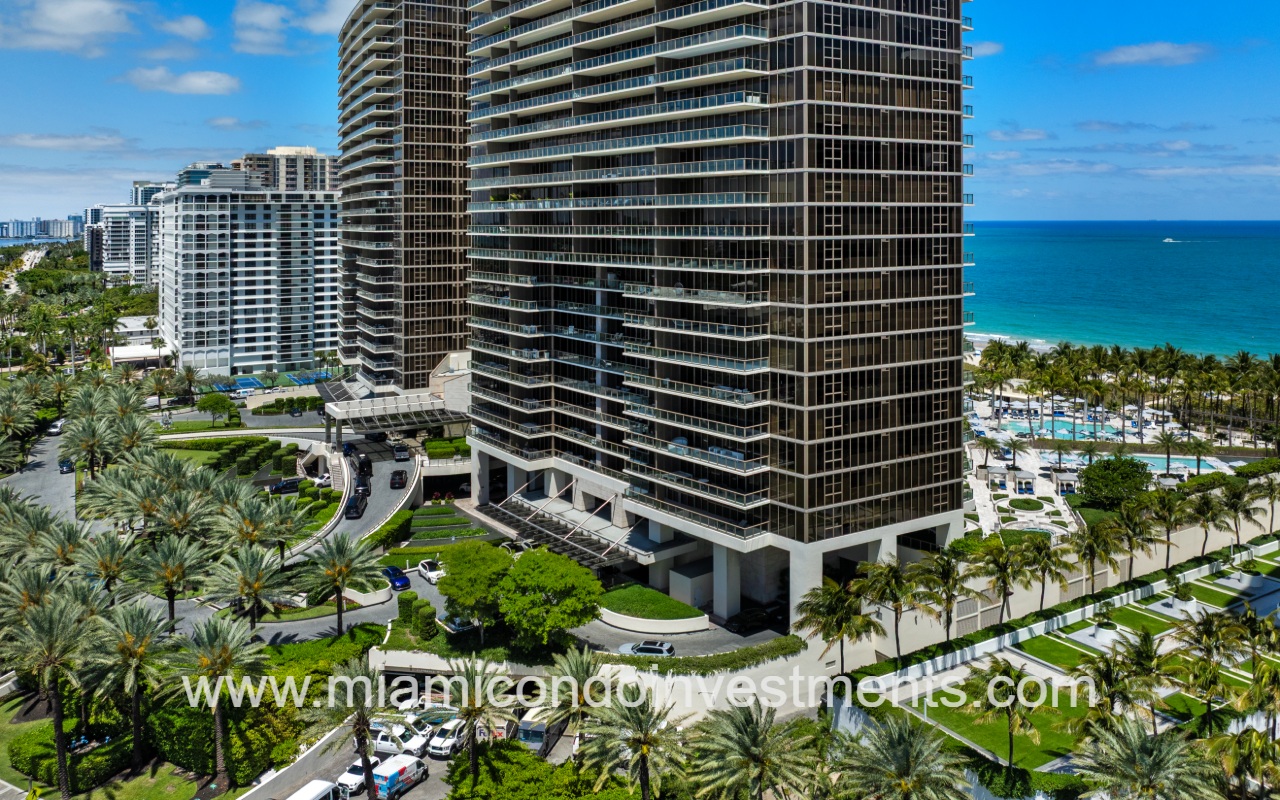 St. Regis Bal Harbour South drone angle closeup facing building lower front exterior