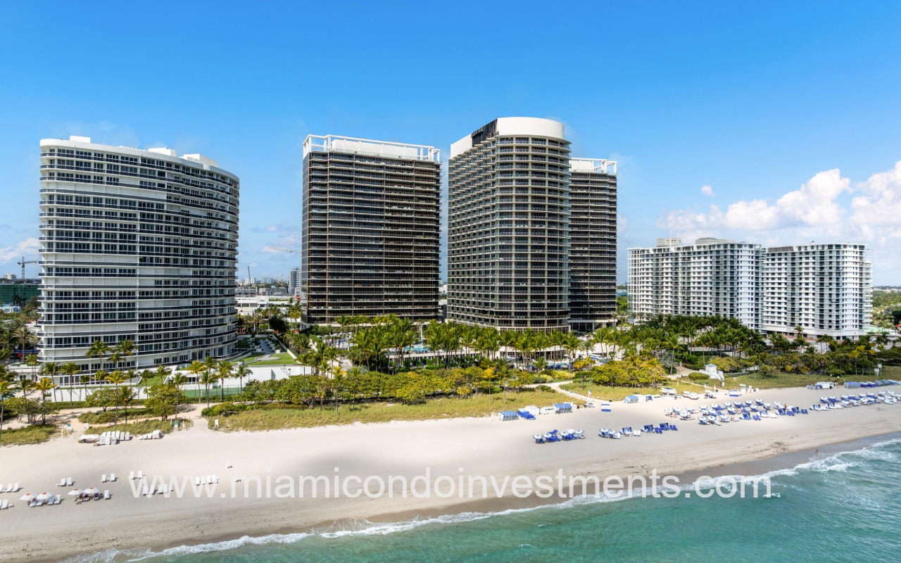 St. Regis Bal Harbour South drone angle view of condo building from above ocean