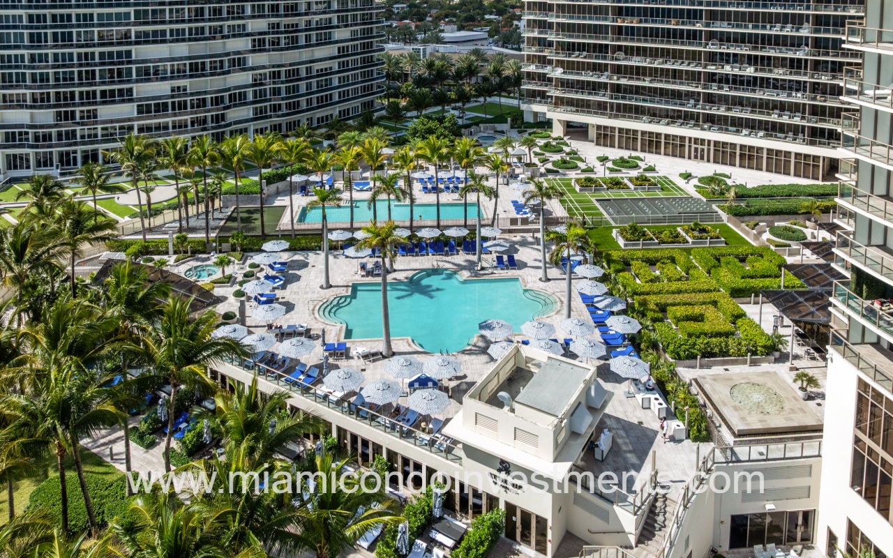 St. Regis Bal Harbour South aerial view of condo building and pool