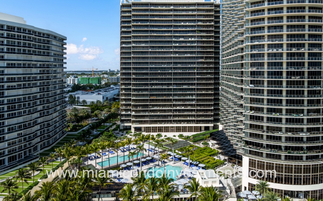 St. Regis Bal Harbour South drone view facing the condo building and pool