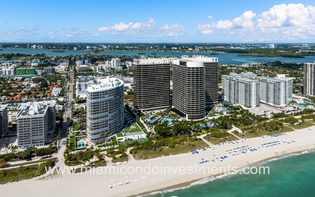 St. Regis Bal Harbour South drone view of condo building ad beach