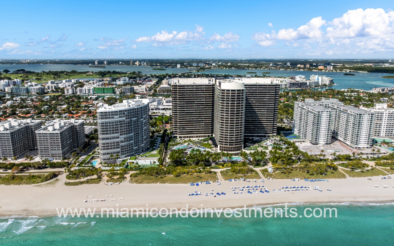 St. Regis Bal Harbour South drone view of condo building from above ocean