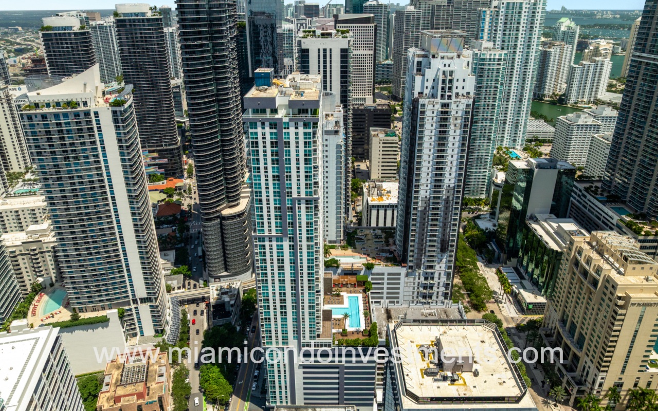 The Bond on Brickell drone overlooking condo building and city