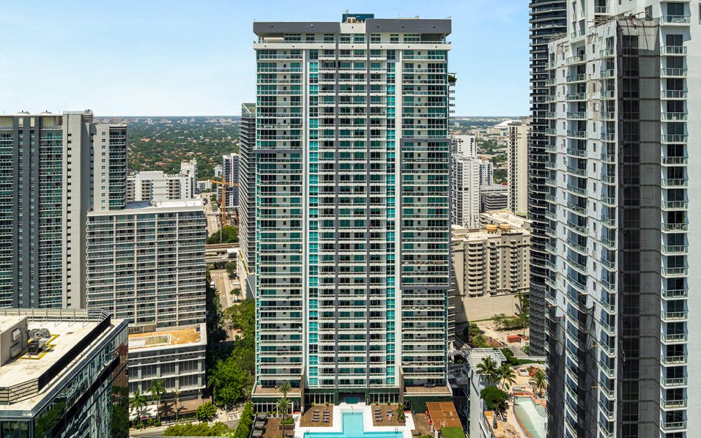 The Bond on Brickell drone view facing condo building