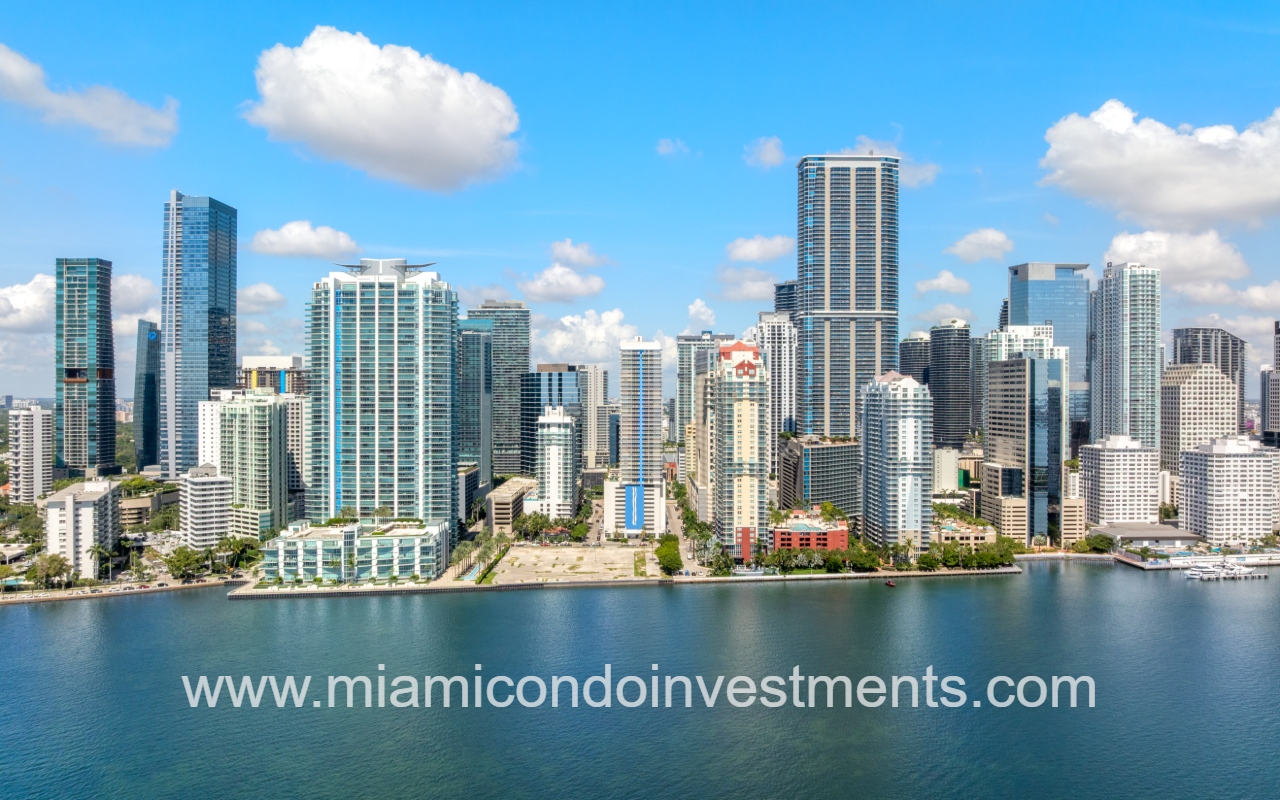 The Club at Brickell Bay drone view from across the water