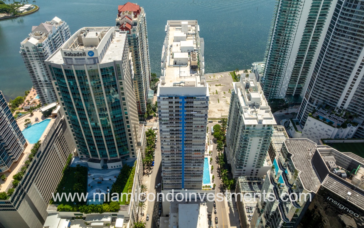 The Club at Brickell Bay drone closeup looking down at condo building