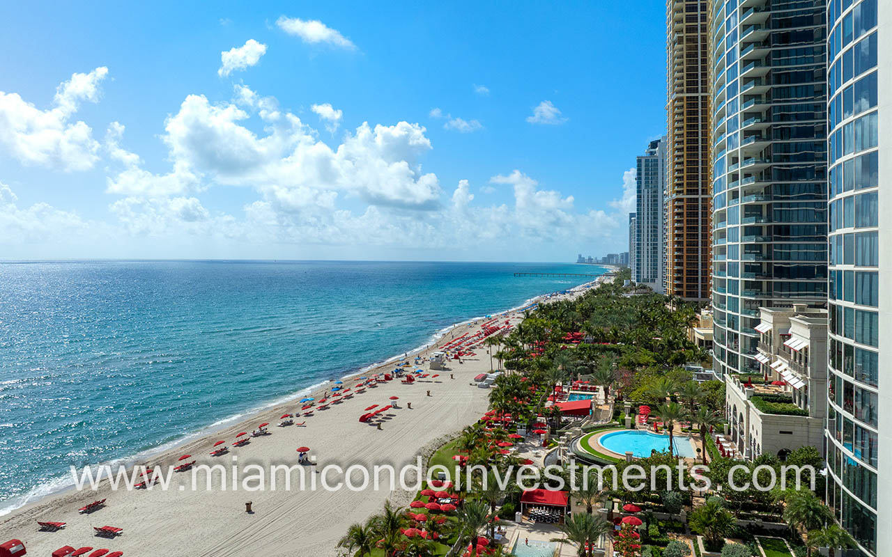The Estates at Acqualina drone beach shoreline facing South and ocean view