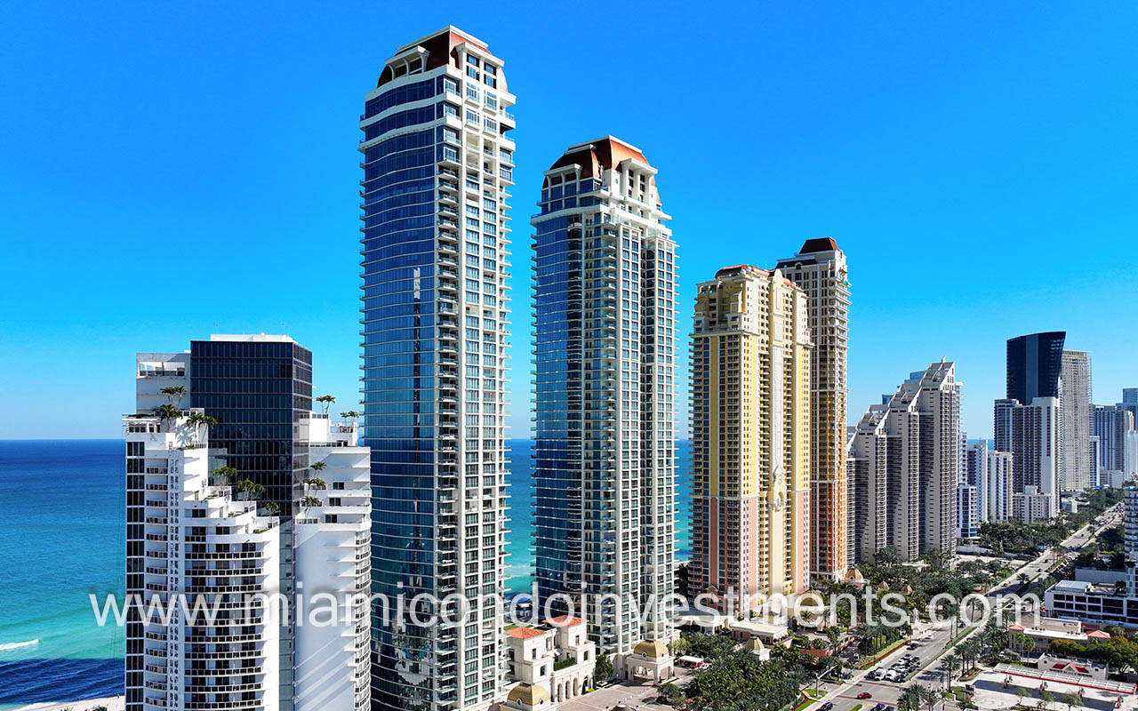 The Estates at Acqualina drone facing building front and area from North side angle