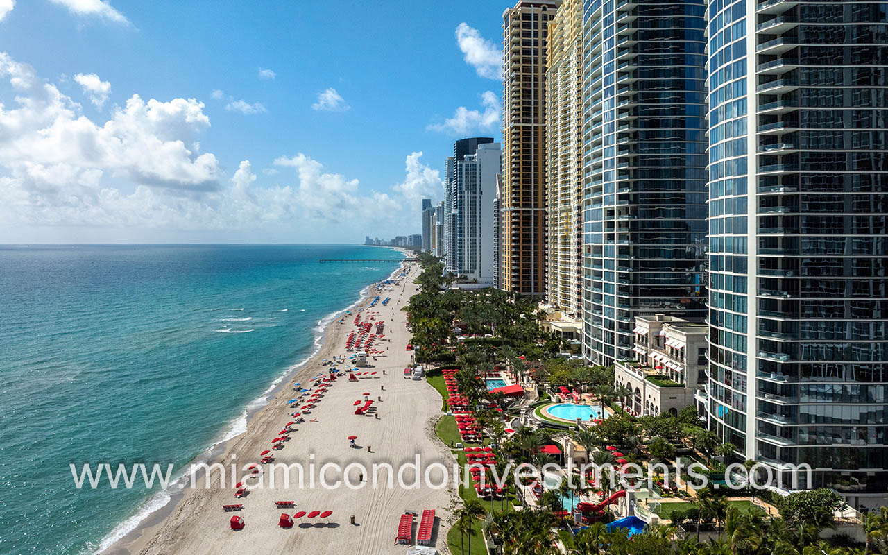 The Estates at Acqualina drone beach shoreline facing South