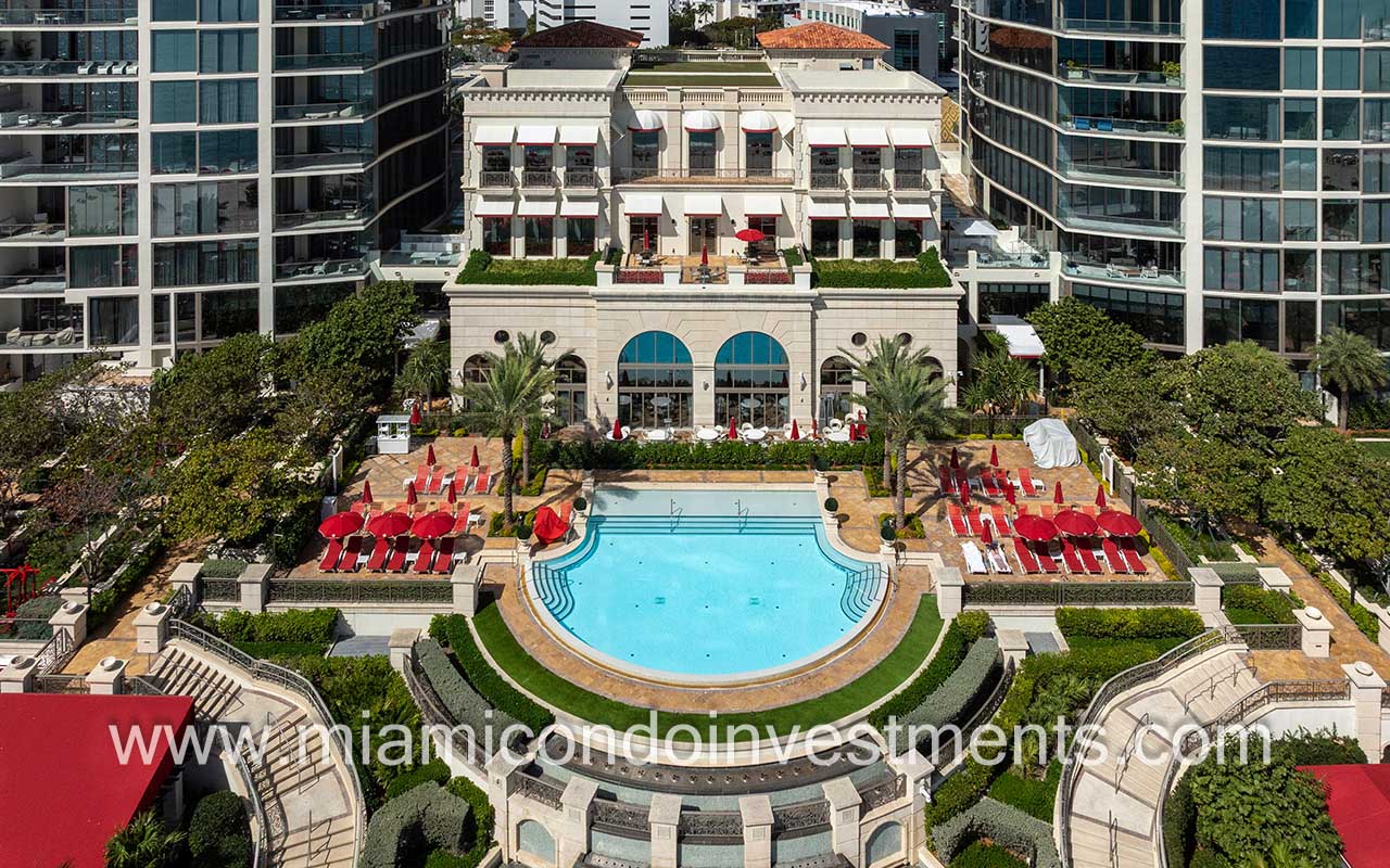 The Estates at Acqualina drone of pool area closeup