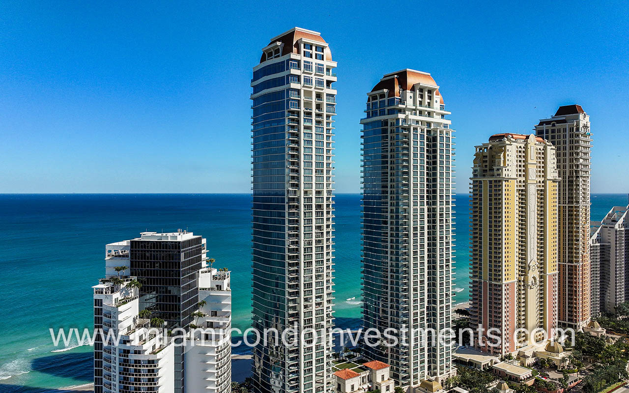 The Estates at Acqualina drone of towers side angle
