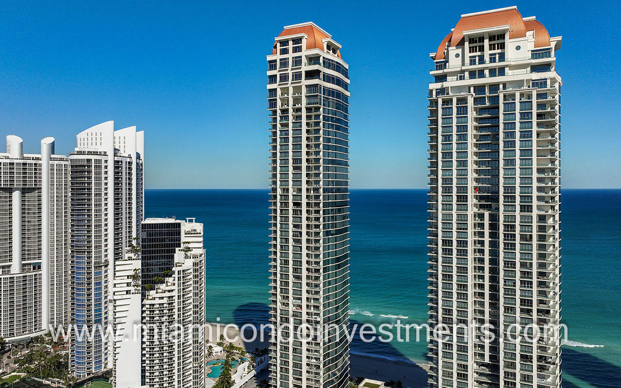 The Estates at Acqualina drone of towers closeup angle