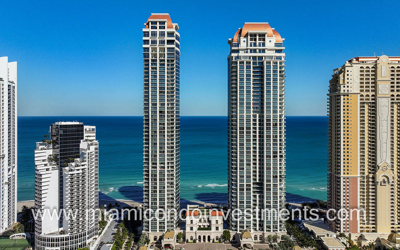 The Estates at Acqualina drone of front of towers