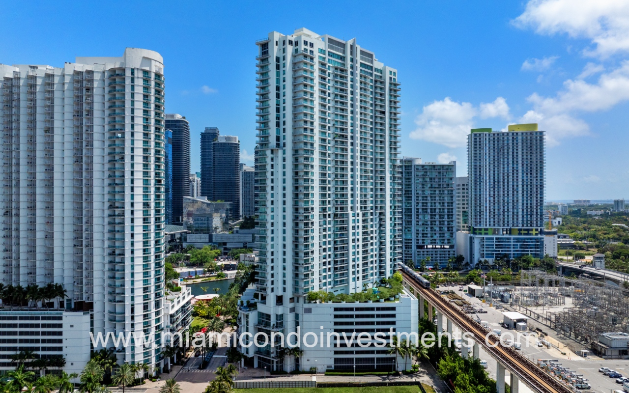 The Ivy drone view facing condo building with buildings surrounding