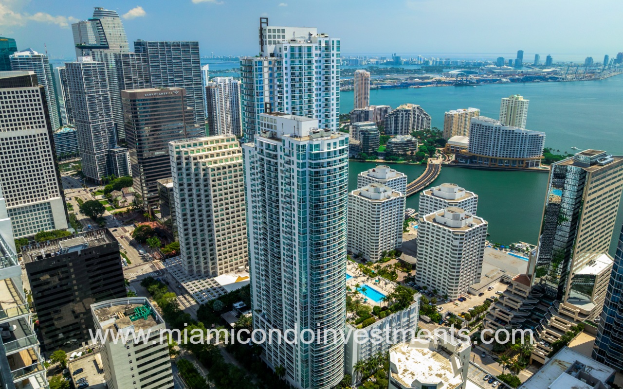 The Plaza on Brickell West drone angle view facing condo building and surrounding area