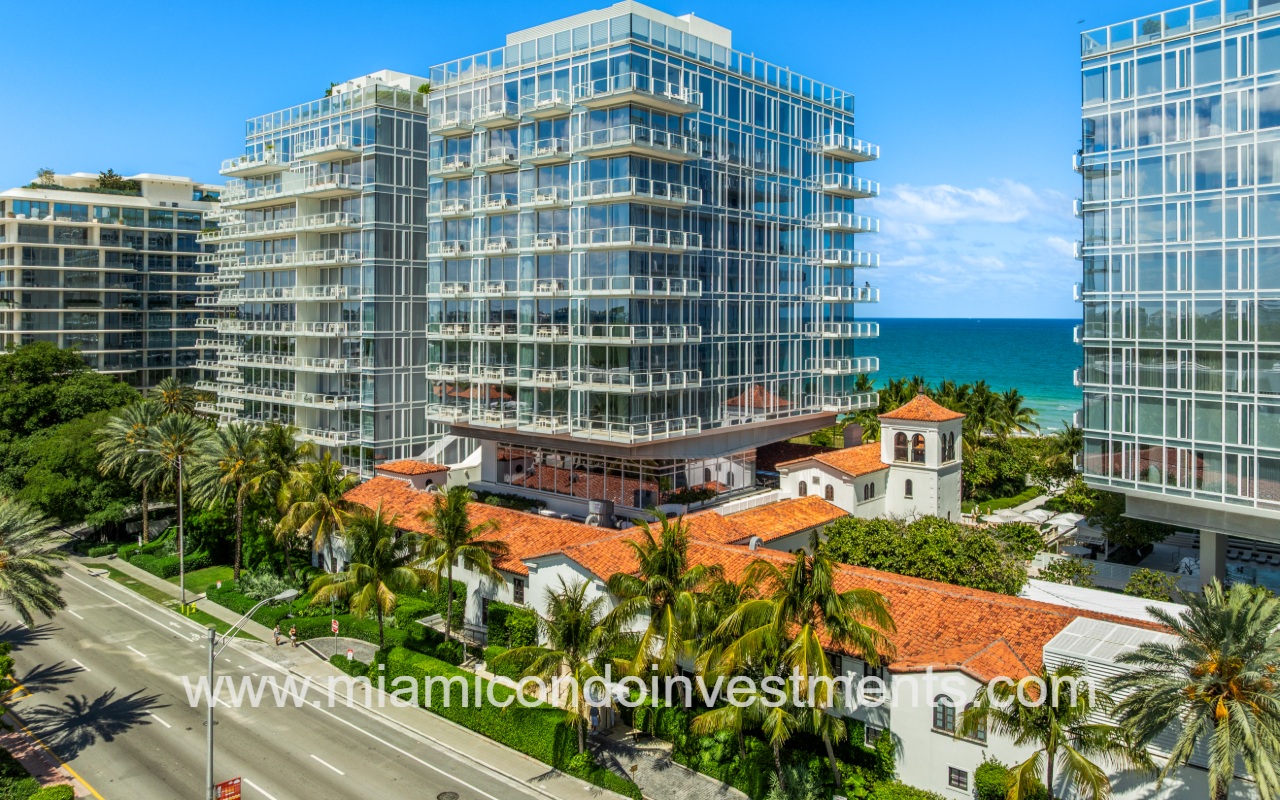 The Surf Club Four Seasons drone closeup corner angle view of condo building