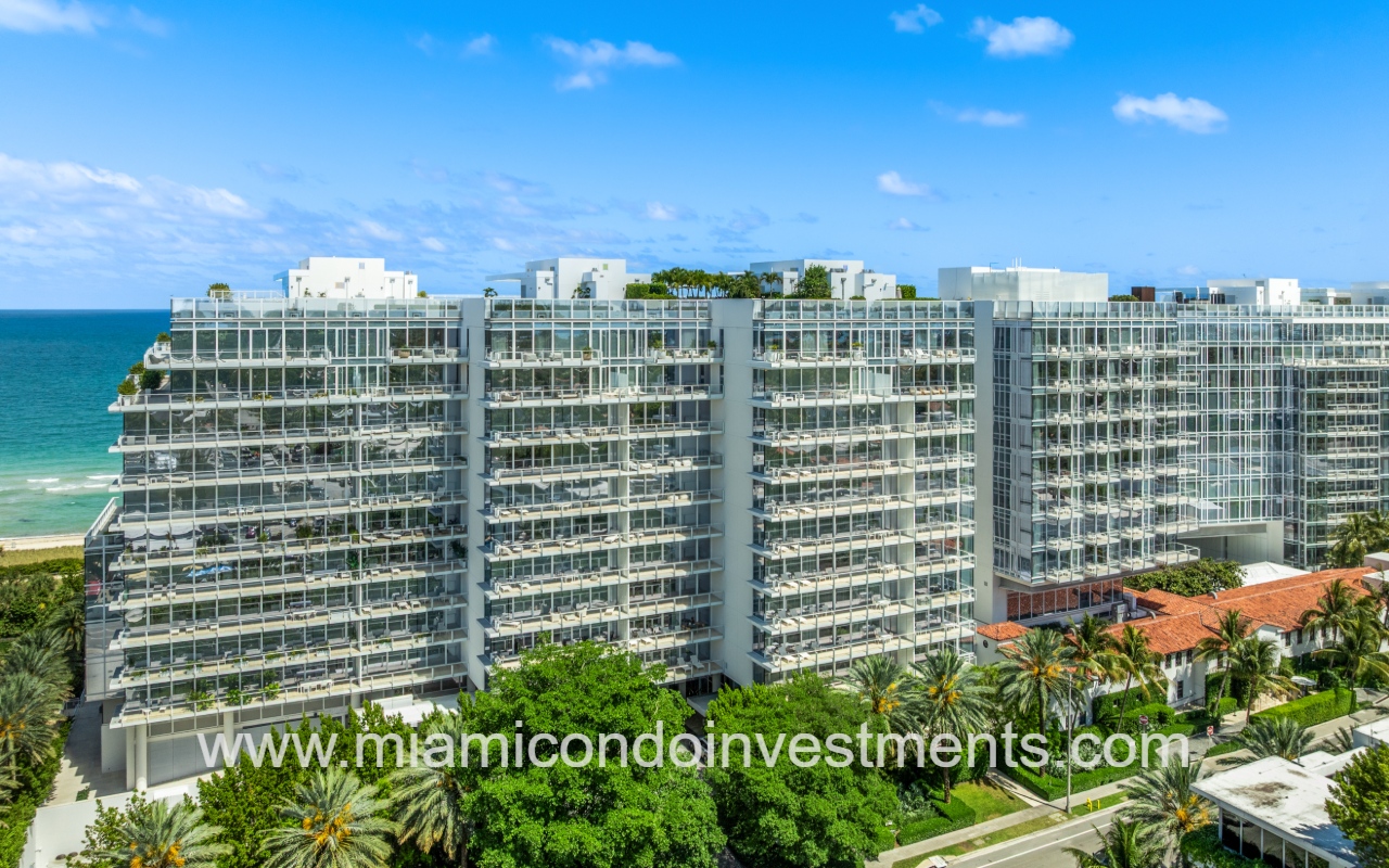 The Surf Club Four Seasons drone closeup view facing north condo building