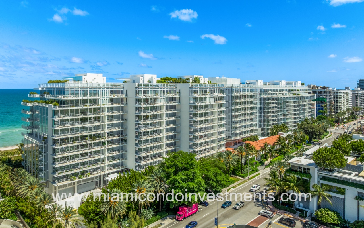 The Surf Club Four Seasons drone closeup angle view of north condo building and street