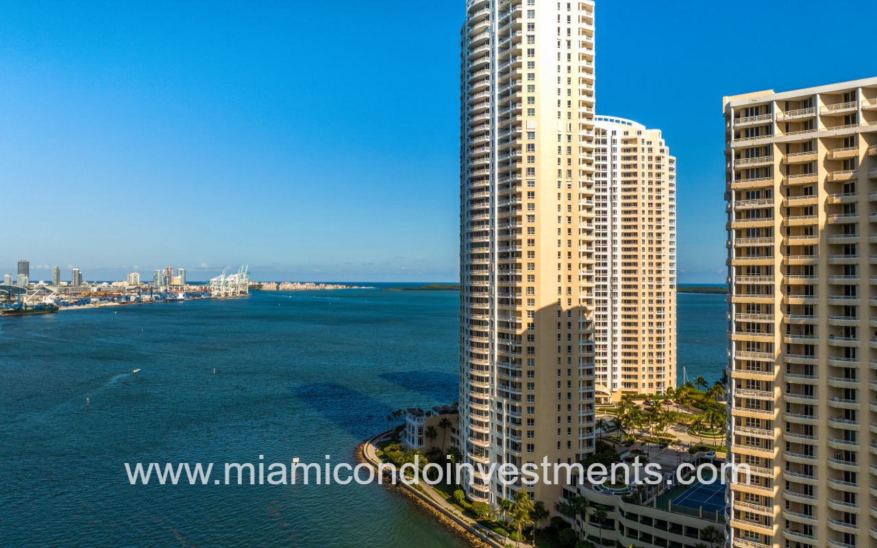 Three Tequesta Point drone overlooking condo building from above waterfront