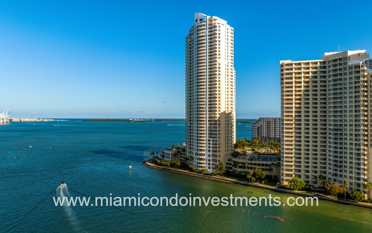Three Tequesta Point drone of condo building from across waterfront