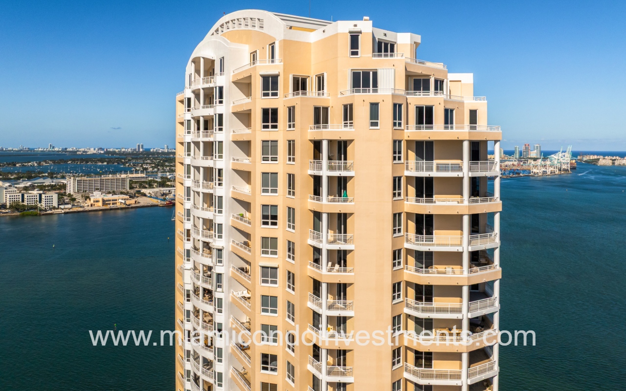 Three Tequesta Point drone view facing top part of condo building