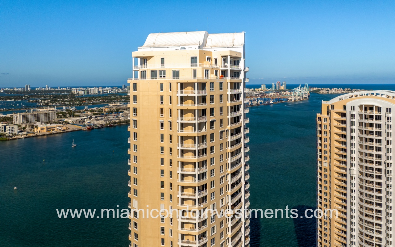 Three Tequesta Point drone view facing top half angle of condo building
