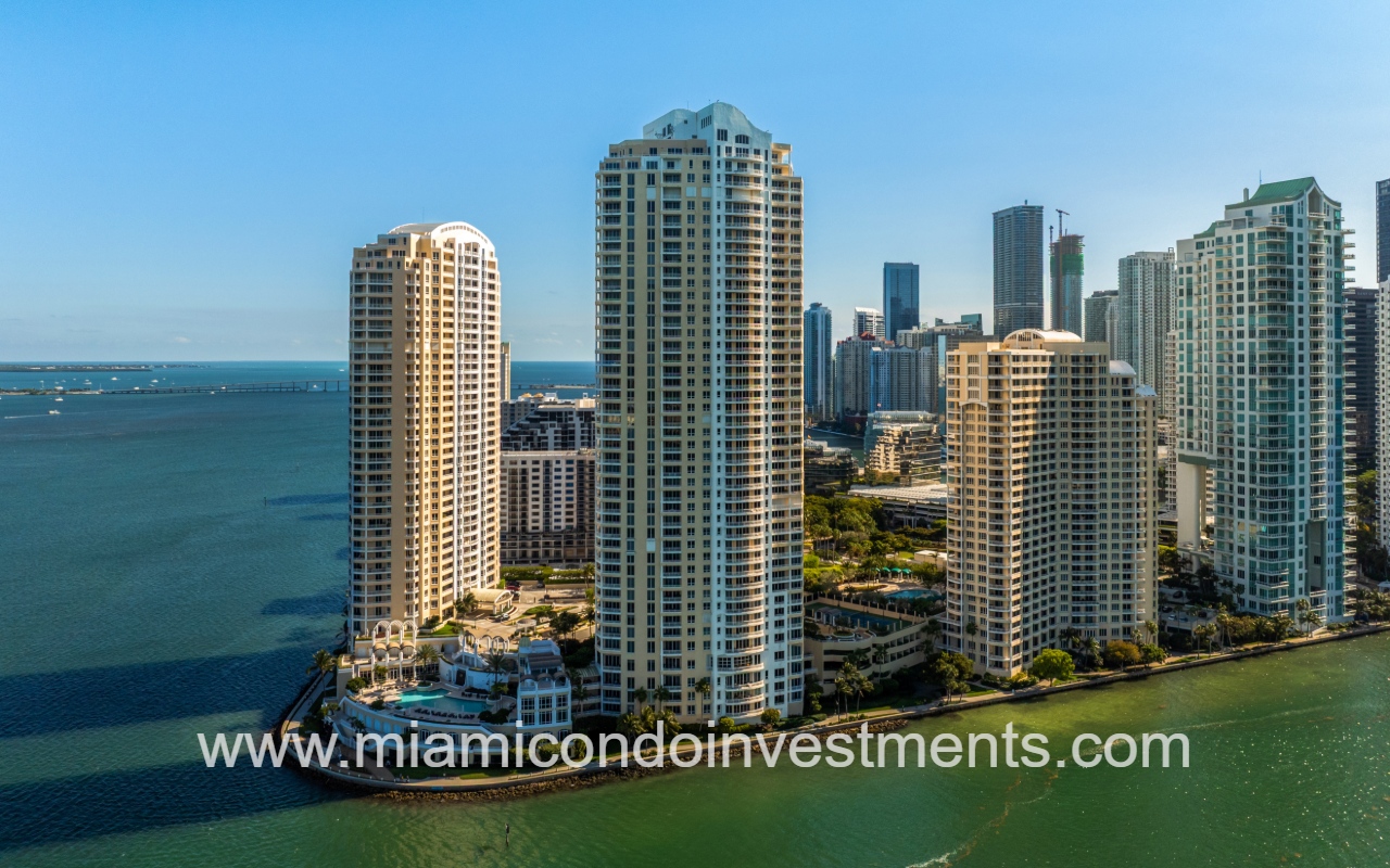Three Tequesta Point drone view facing the condo building from across the waterway