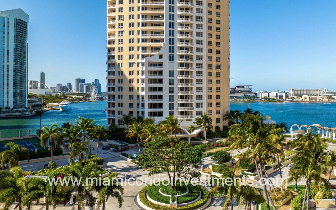 Three Tequesta Point drone view of lower half of building and entry