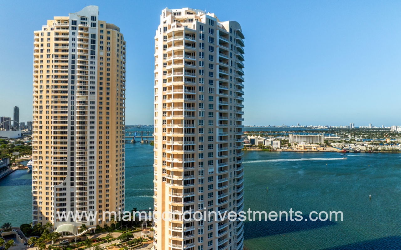 Two Tequesta Point drone facing condo building with waterfront views surrounding