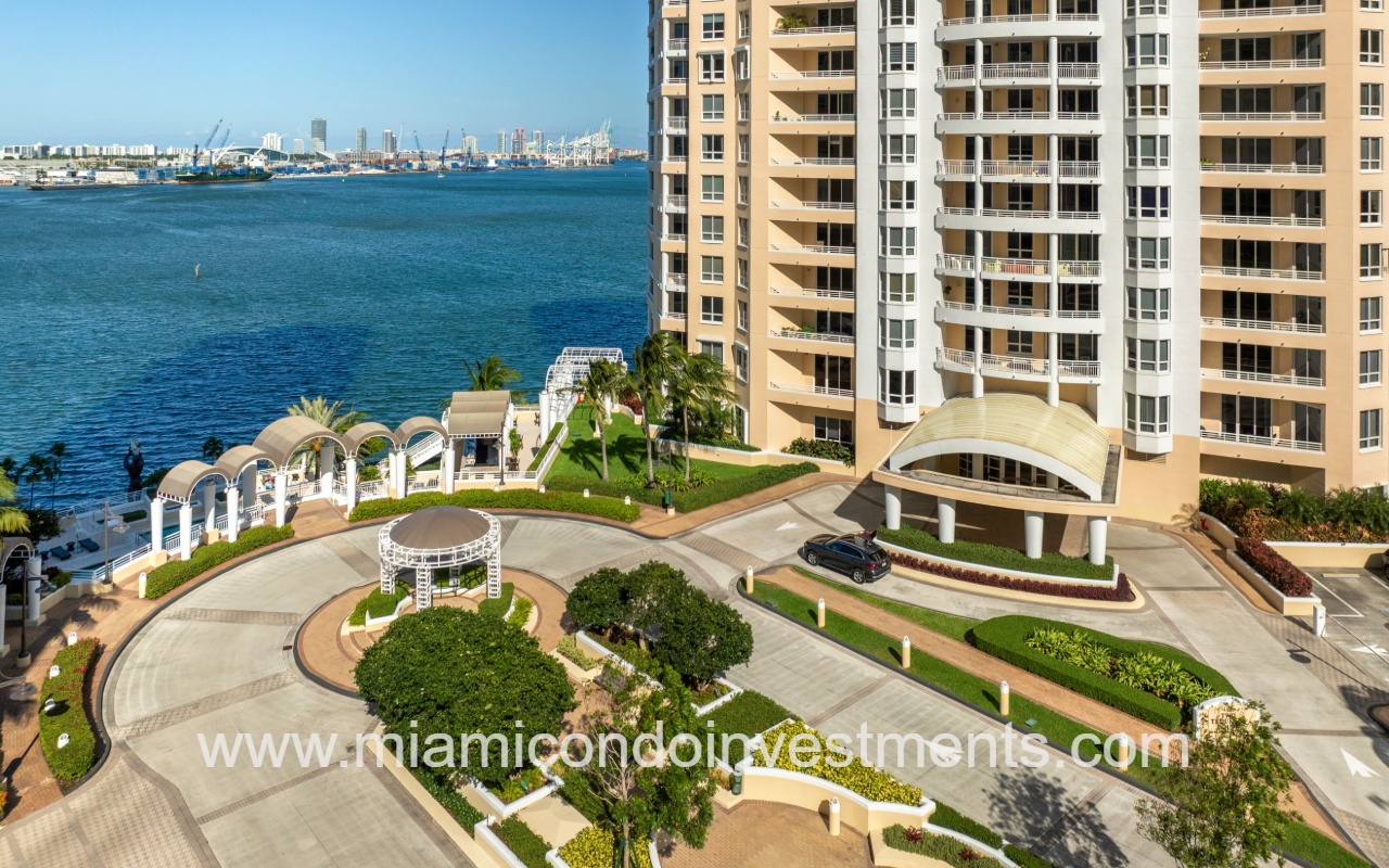 Two Tequesta Point drone of lower half of condo building entry and water view