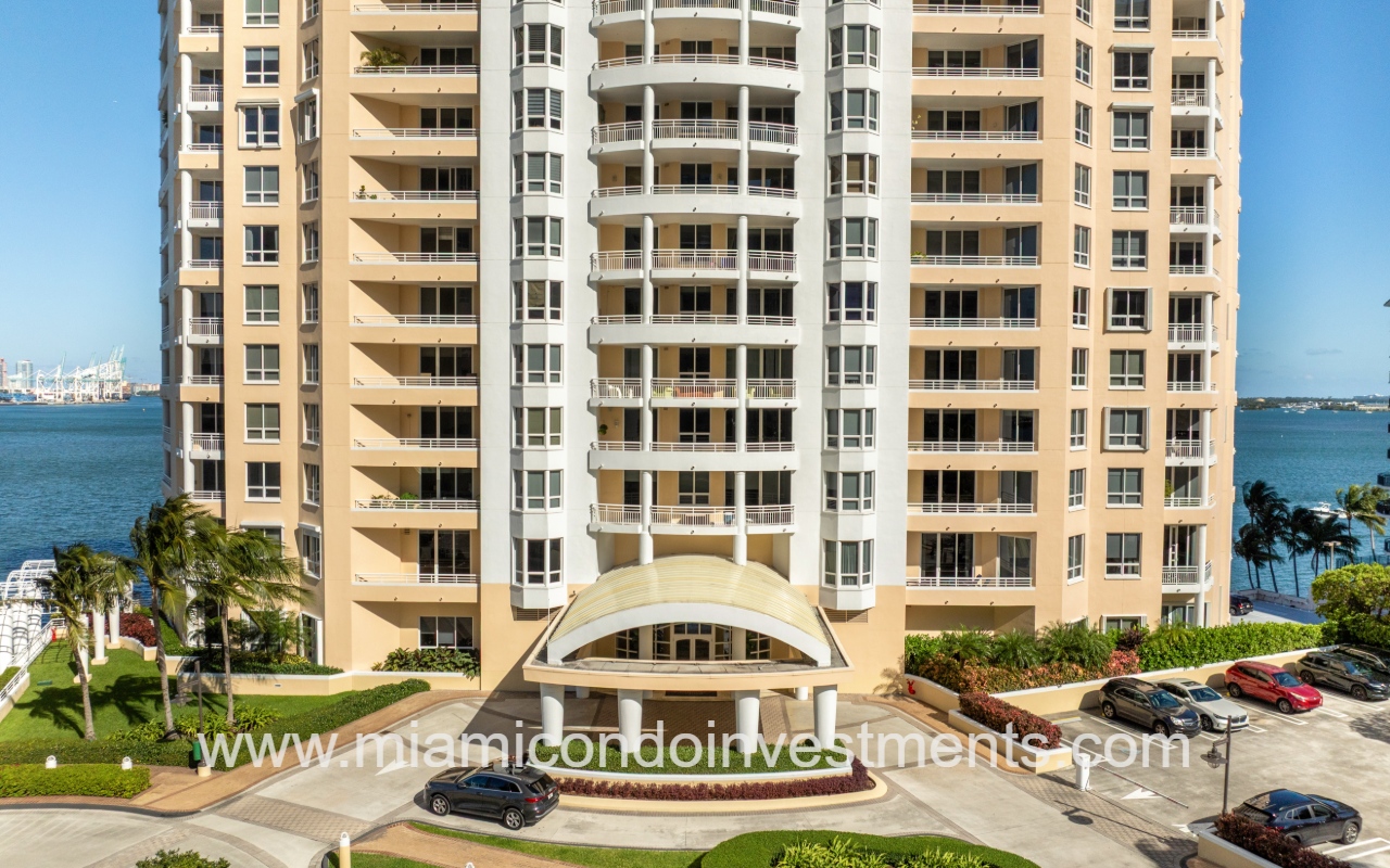 Two Tequesta Point drone closeup of lower half of condo building and entry