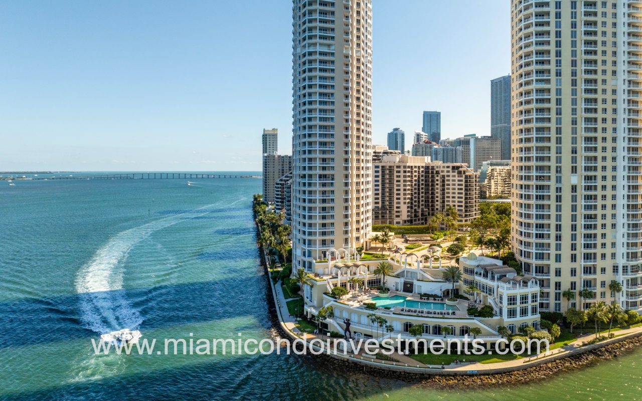 Two Tequesta Point drone side profile view of condo building from waterfront