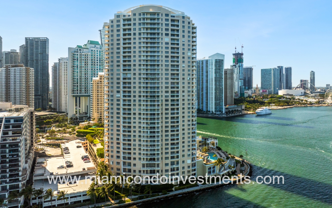 Two Tequesta Point drone directly facing condo building closeup from above waterfront