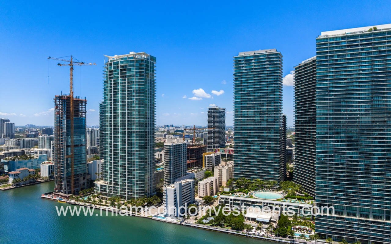 Gran Paraiso drone view of condo building from above waterway