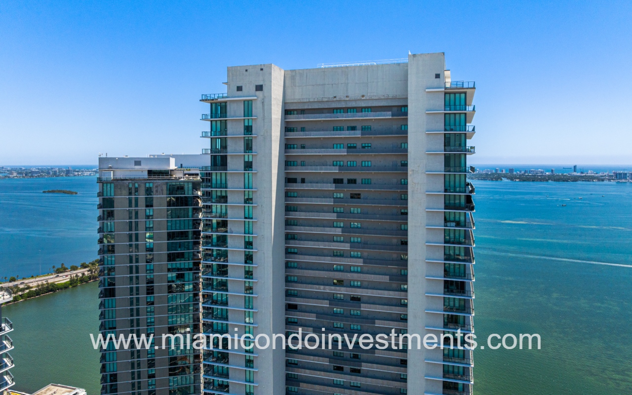 Gran Paraiso drone view top part of condo building exterior