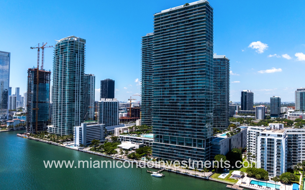 One Paraiso drone view of building exterior from above the bay