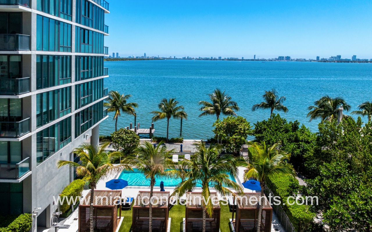 One Paraiso drone of pool area overlooking the bay