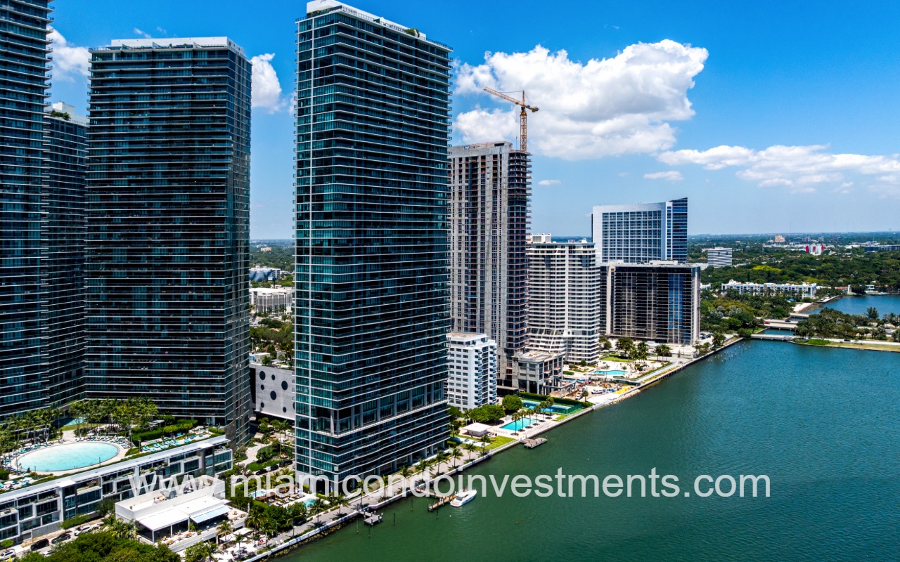 One Paraiso drone view facing the condo building and northward from above the bay