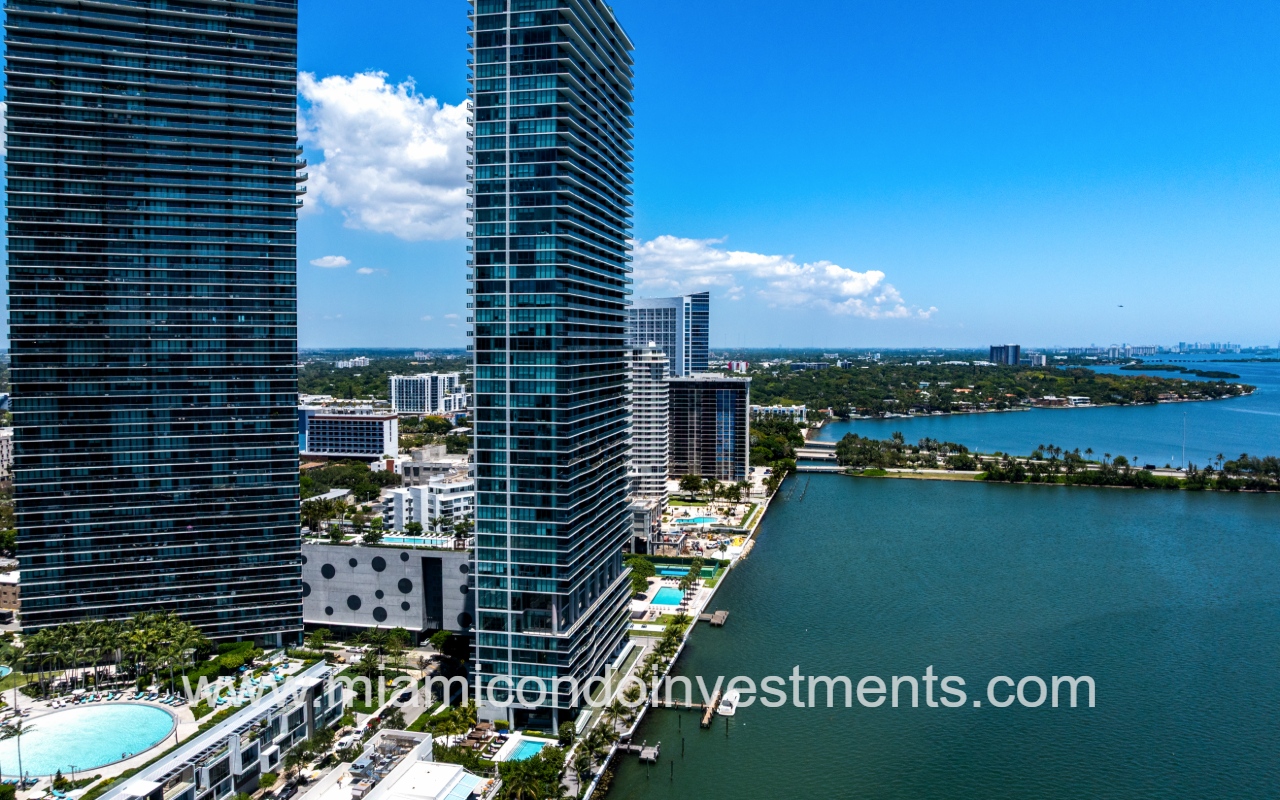 One Paraiso drone view of condo building profile and surrounding area looking northward