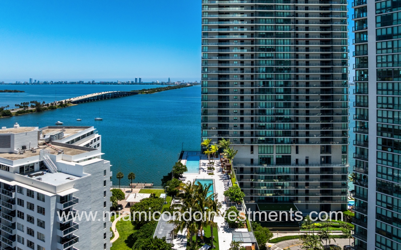 One Paraiso drone view partial building exterior with bay view