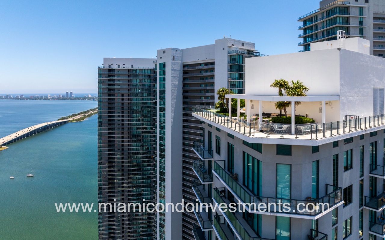 Paraiso Bayviews drone view of condo building rooftop profile