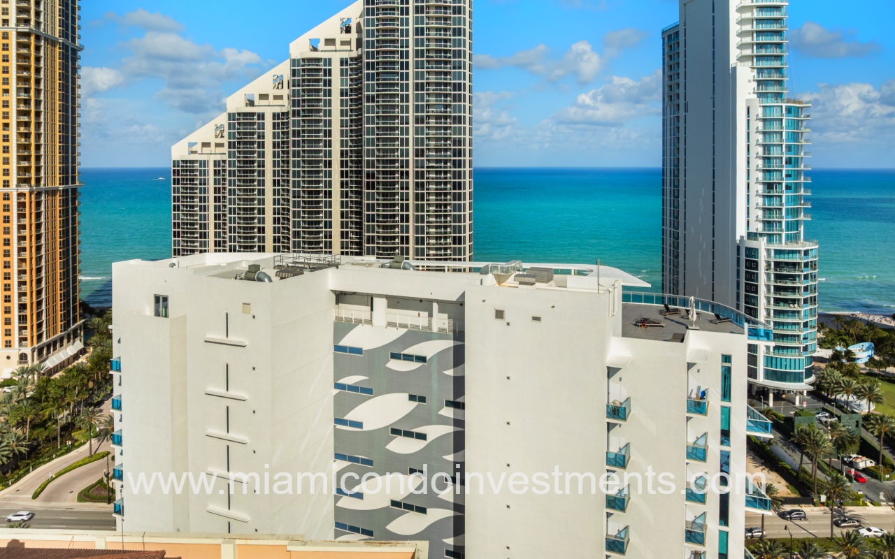 Aurora drone view top side exterior of condo building