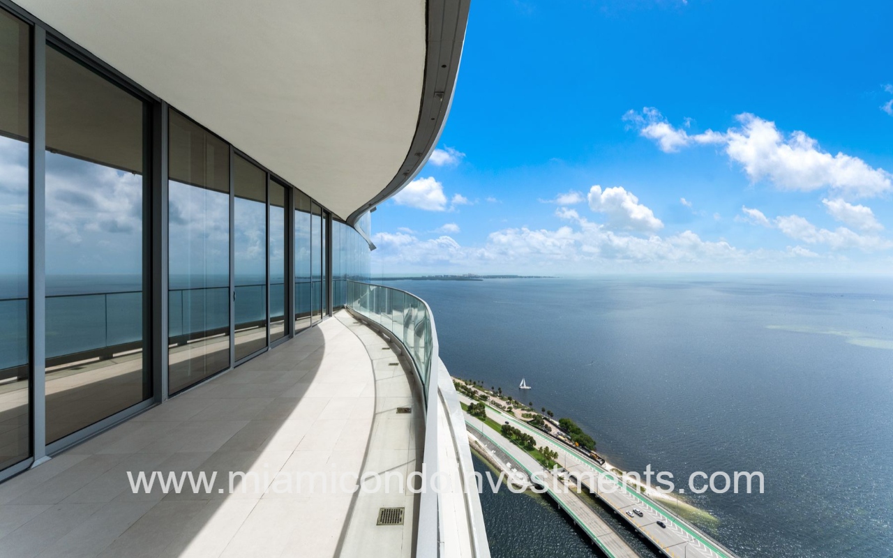 UNA Residences condominium building balcony overlooking Biscayne Bay and Rickenbacker Causway