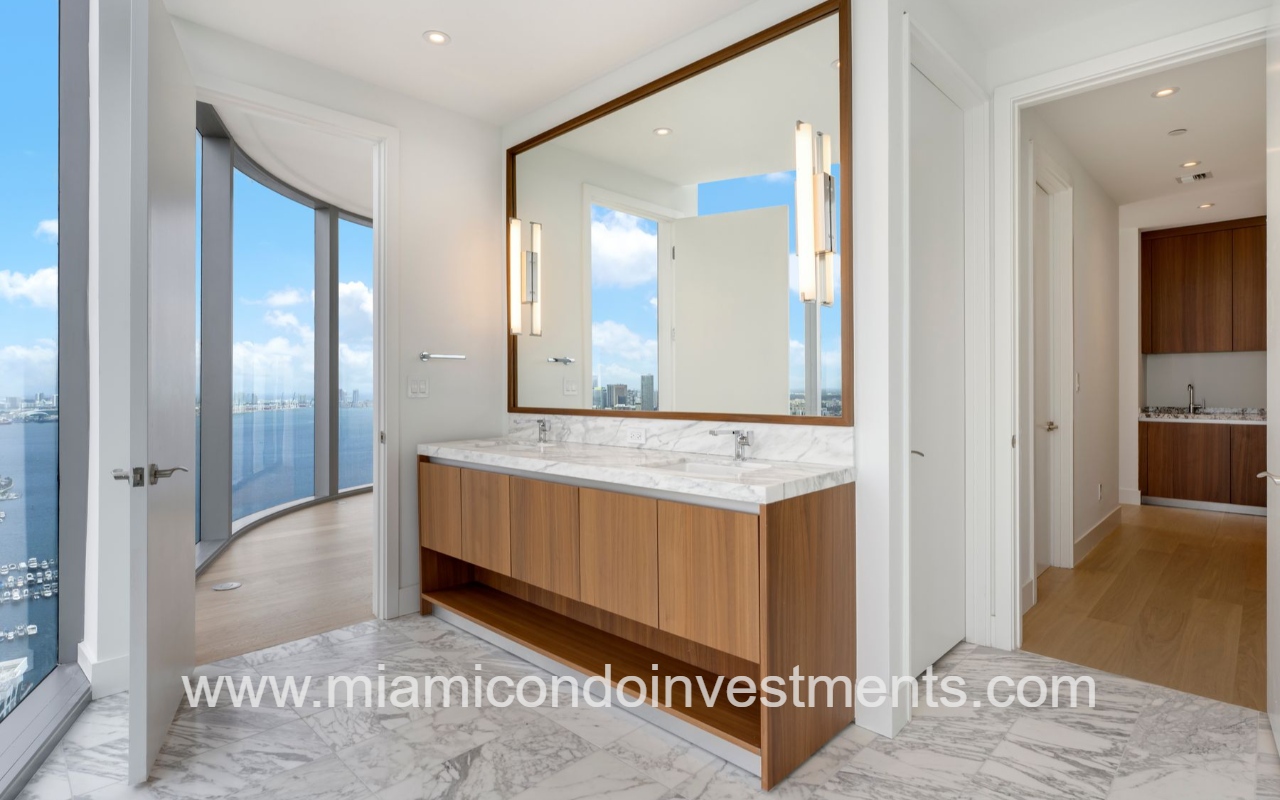 UNA Residences condominium building primary bathroom double sink vanity