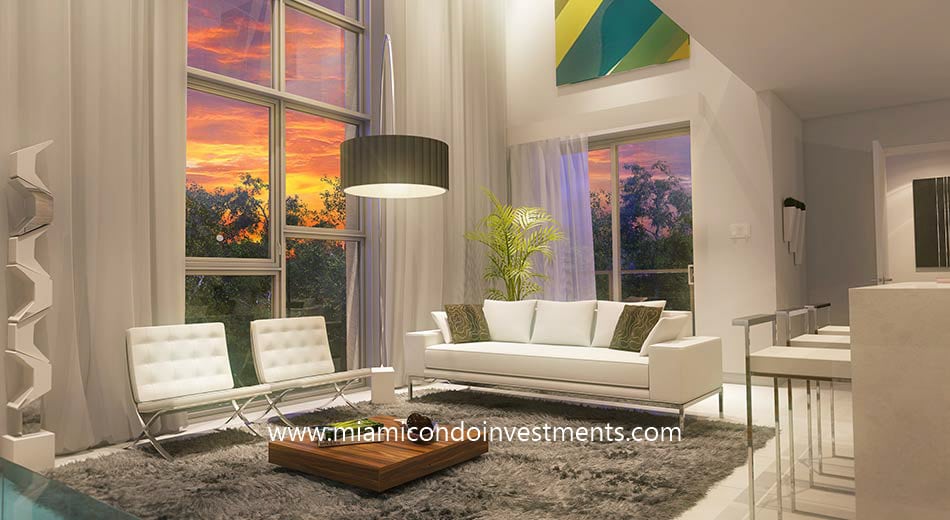 One Bay living room at sunset