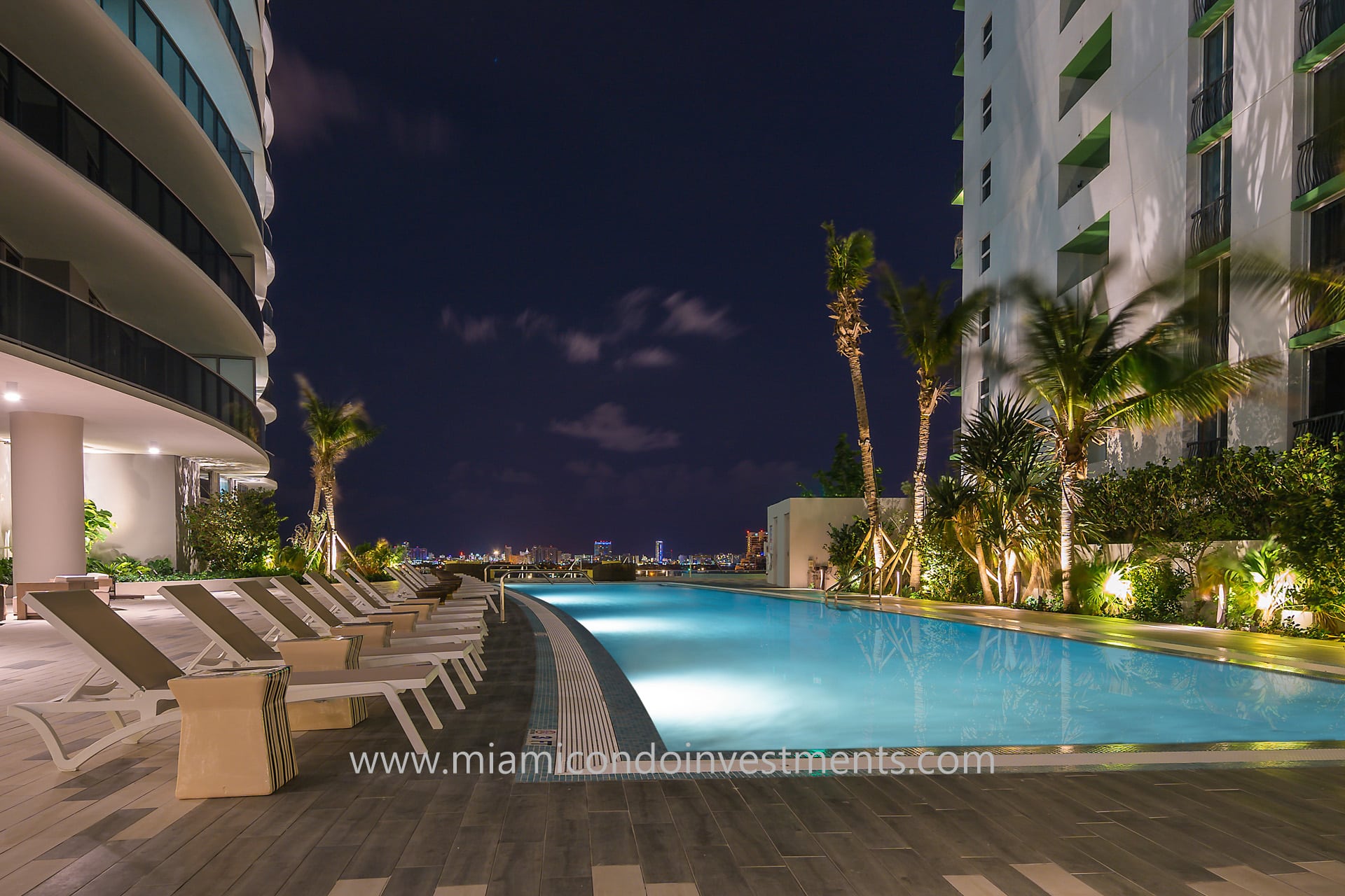 pool deck at night