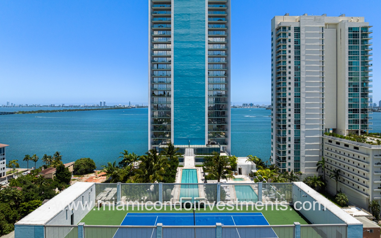 Missoni Baia drone view of lower building exterior and outdoor amenities