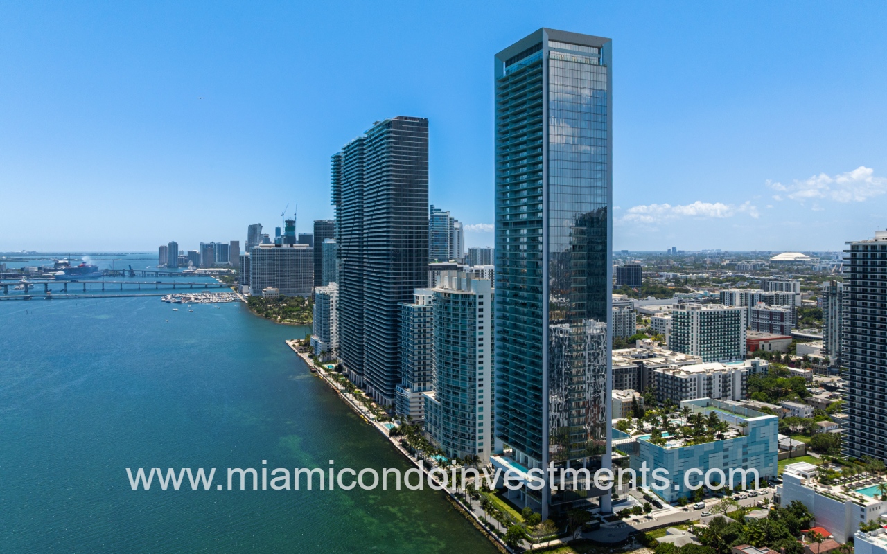 Missoni Baia drone overlooking condo building and waterway